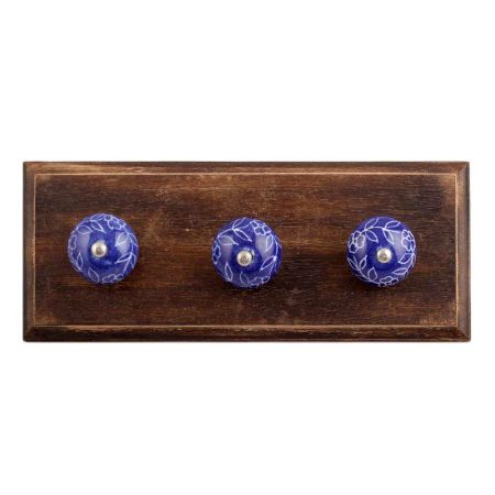Navy Blue Leaf Floral Ceramic Wooden Hooks